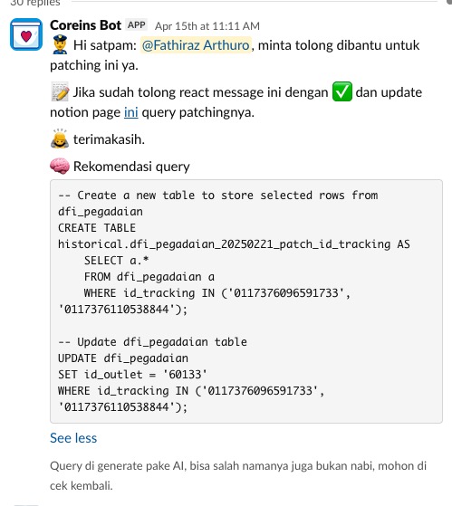 Coreins Bot Result - SQL Query Recommendation